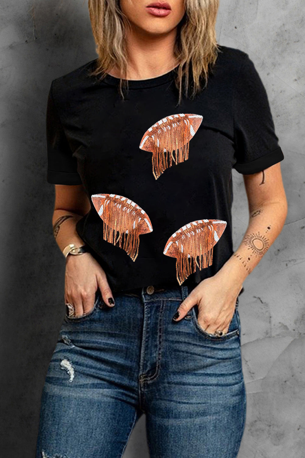 Sequin Fringed Rugby Graphic T Shirt