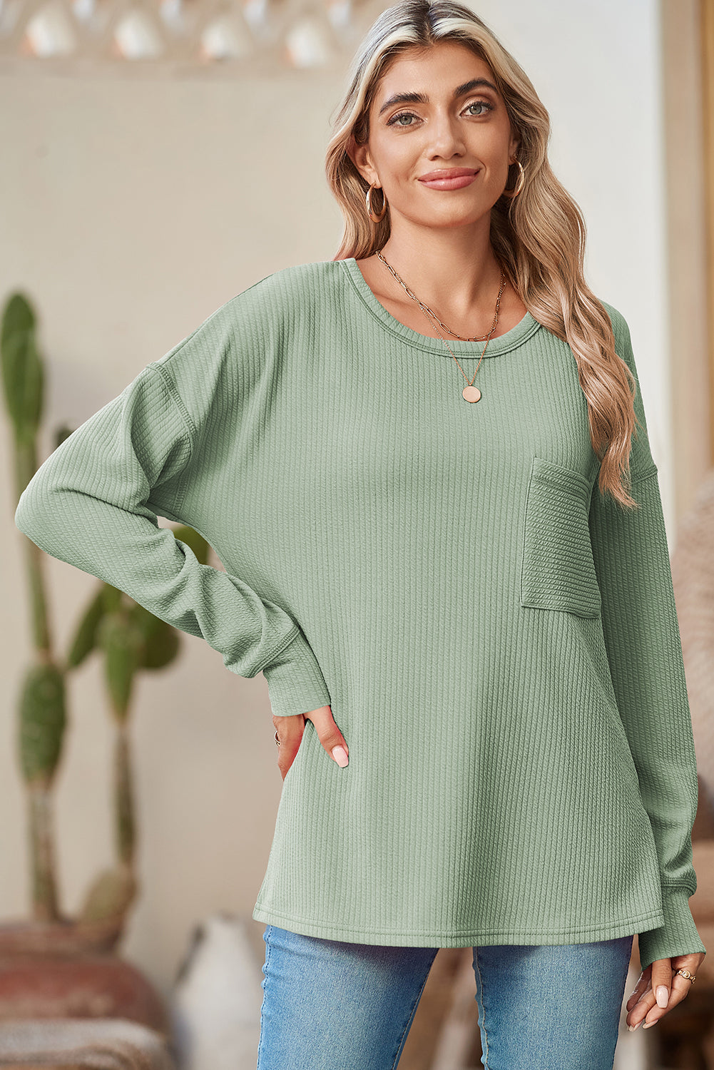 Pocketed Ribbed Long Sleeve Top