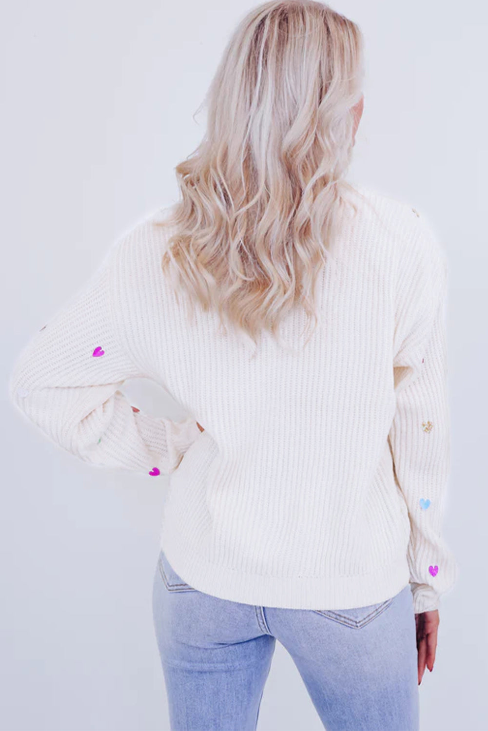 Sequin Heart Pattern Round Neck Knit Sweater