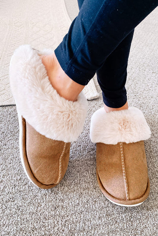 Camel Suede Plush Thick Sole Slides Shoes