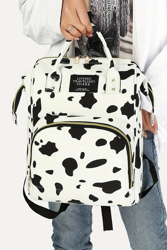 White Cow Spot Print Multi Pocket Canvas Backpack