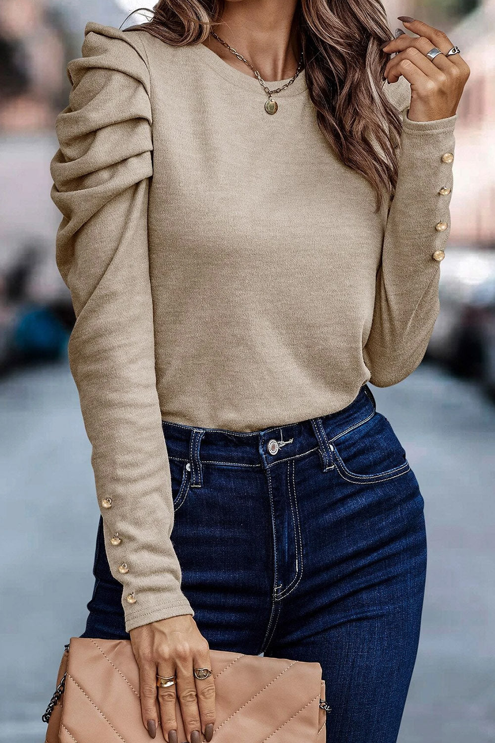 Plain Buttoned Puff Long Sleeve Sheath Top