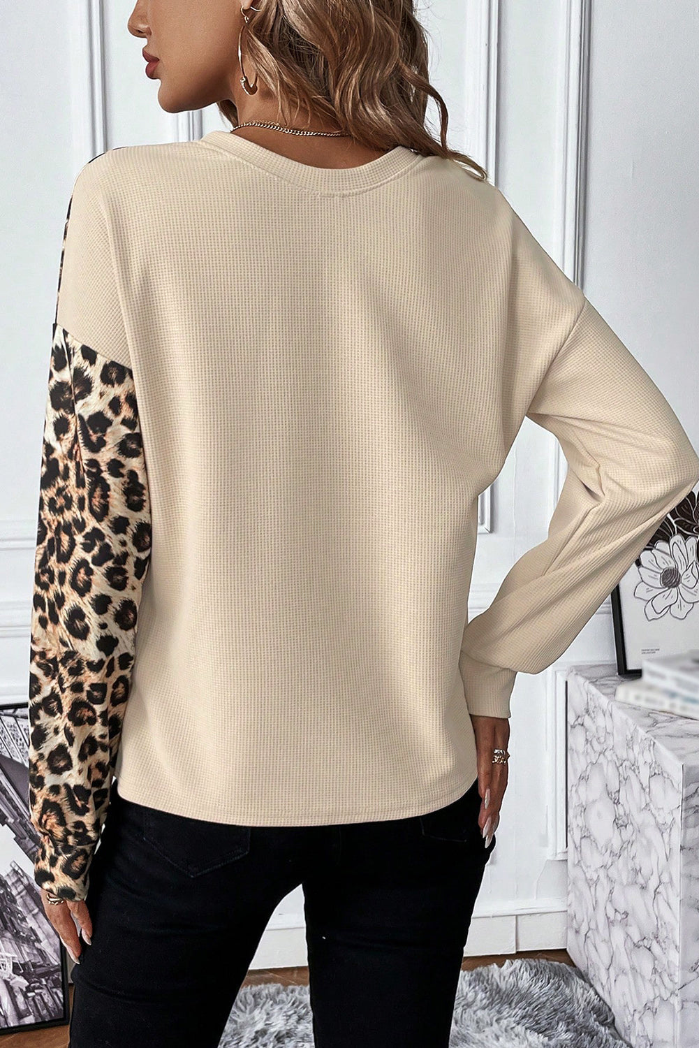 Casual Waffle Knit Leopard Contrast Long Sleeve Top