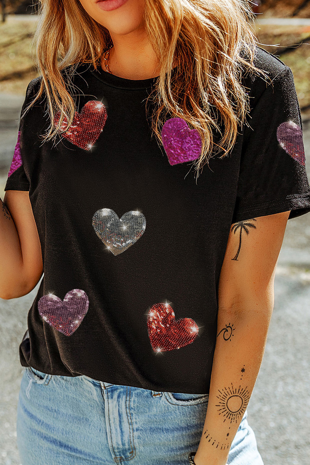 Black Sequin Heart Pattern Crewneck Valentines Tee