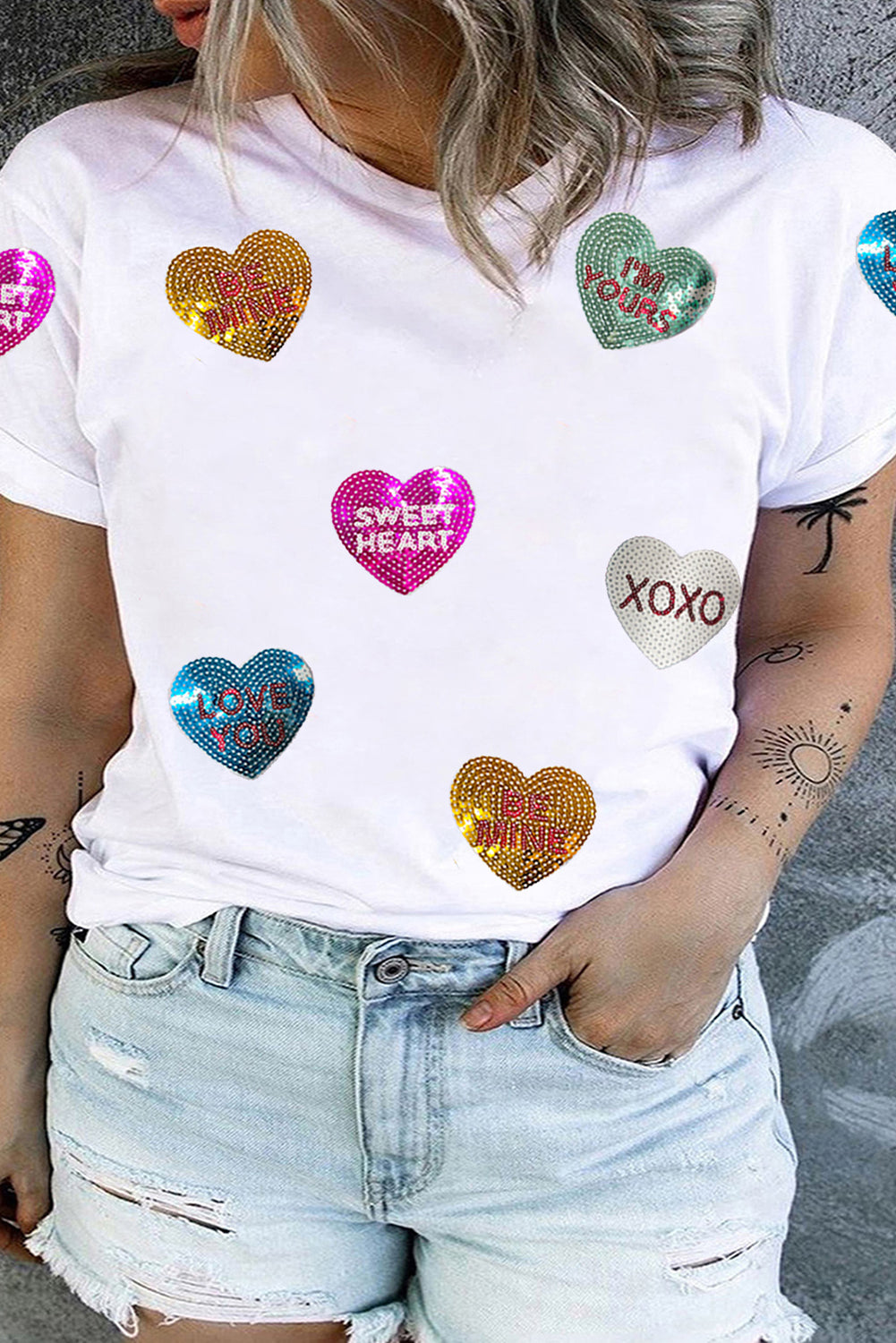 Sequin Valentines Letter Heart Patched Graphic Plus Size Tee