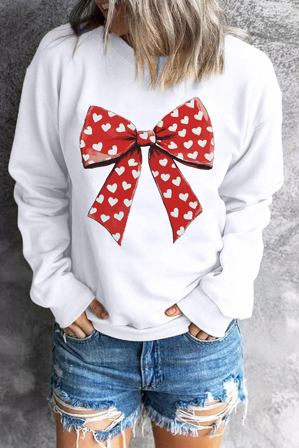 White Heart Bow Printed Round Neck Valentines Pullover Sweatshirt