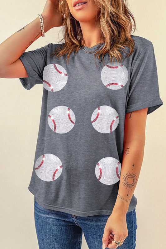 Rose Red Sequined Baseball Graphic T Shirt