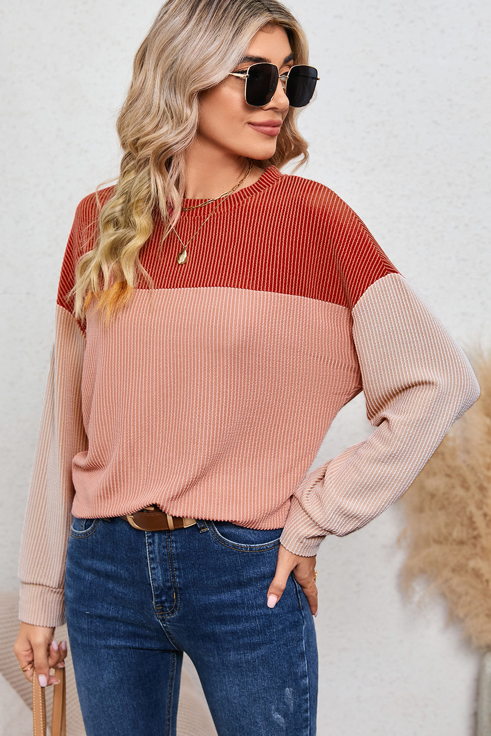 Ribbed Color Block Long Sleeve Top