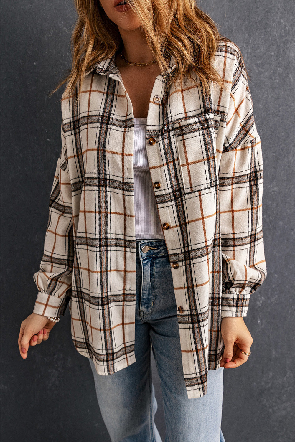 Oversized Plaid Pattern Shacket with Slits