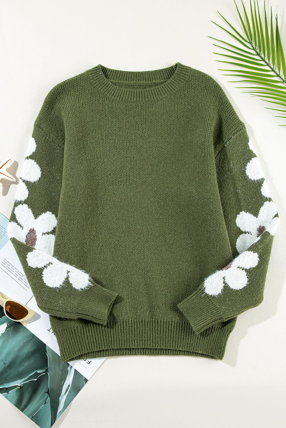 Flower Sleeve Drop Shoulder Sweater