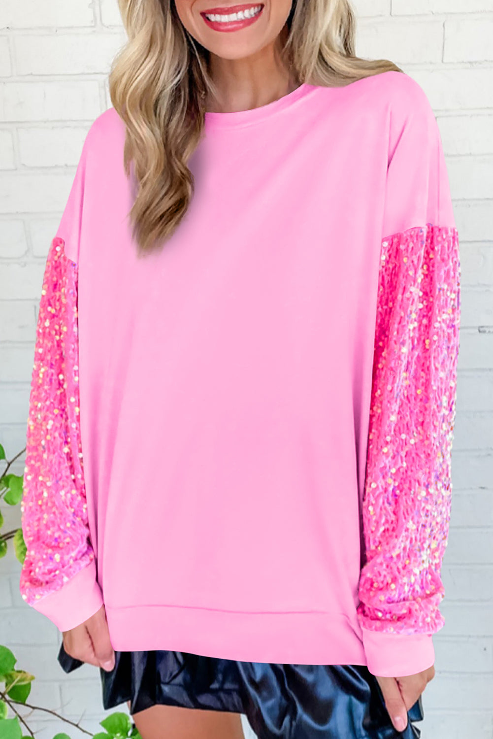 Pink MERRY Christmas Graphic Sequined Sleeve Plus Sweatshirt