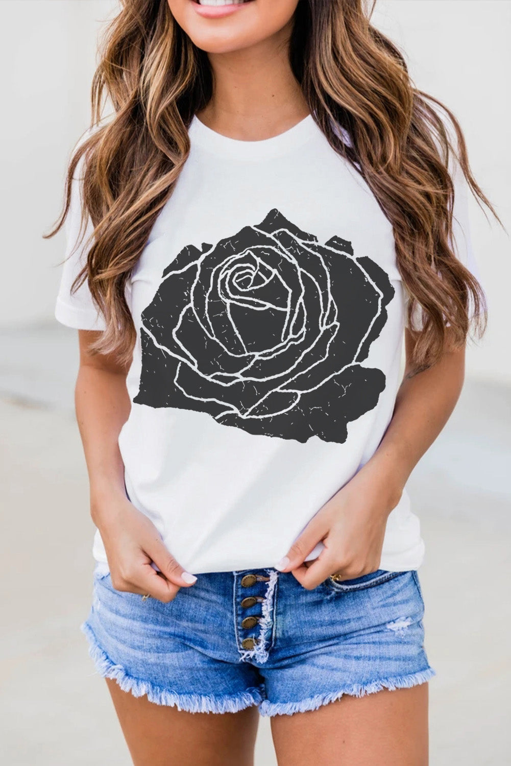 Large Rose Graphic Crew Neck T Shirt