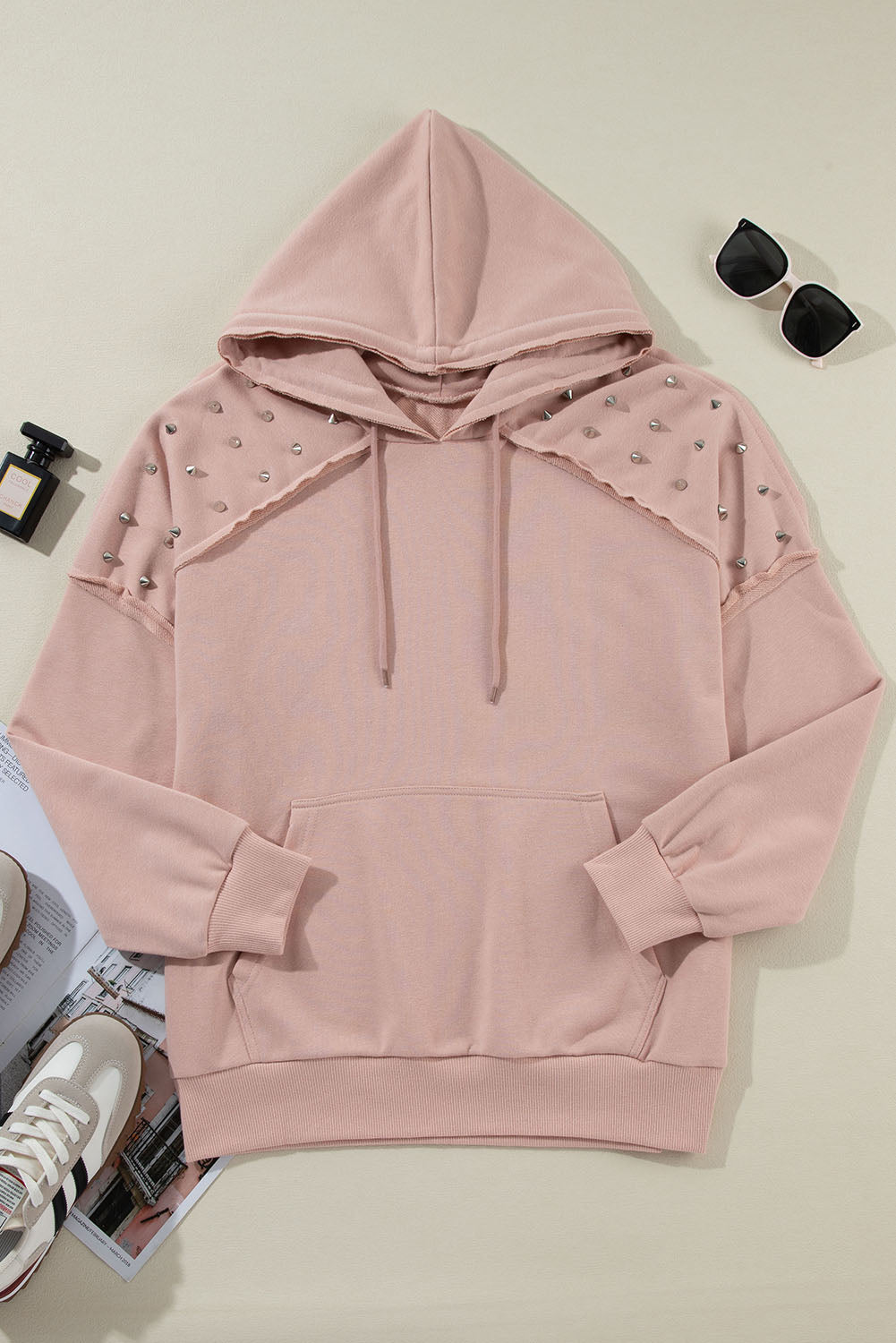 Stud Detail Kangaroo Pocket Drawstring Hoodie