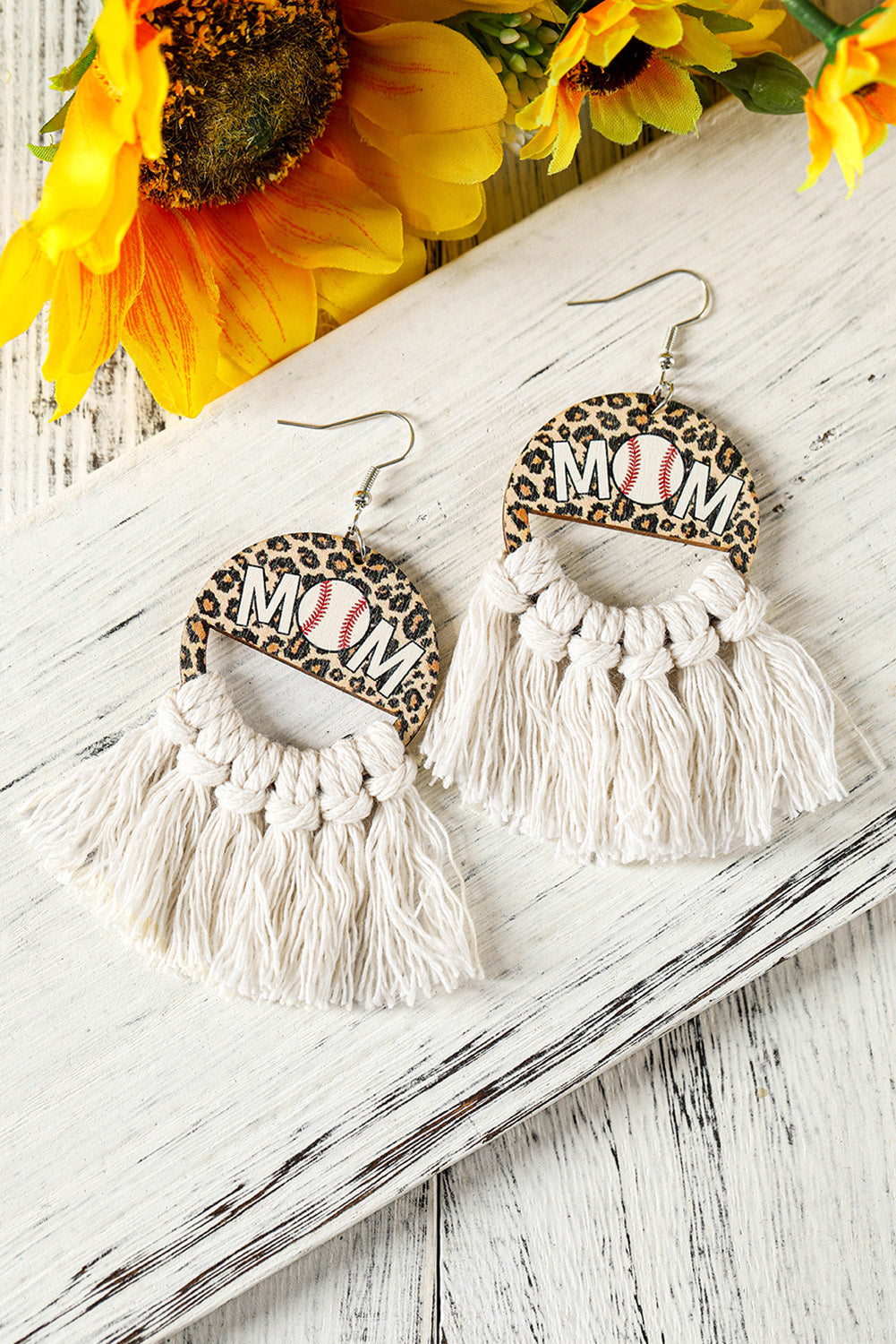 White Leopard Rugby MOM Print Fringed Hook Earrings