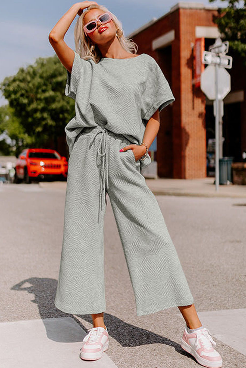 White Textured Long Sleeve Top and Drawstring Shorts Set