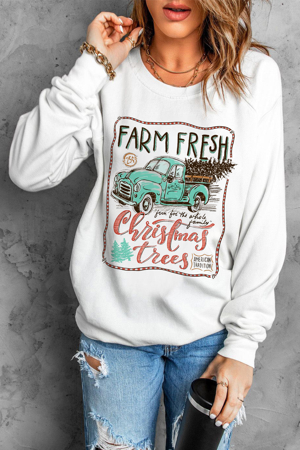 White Christmas Tree Transport Graphic Print Sweatshirt