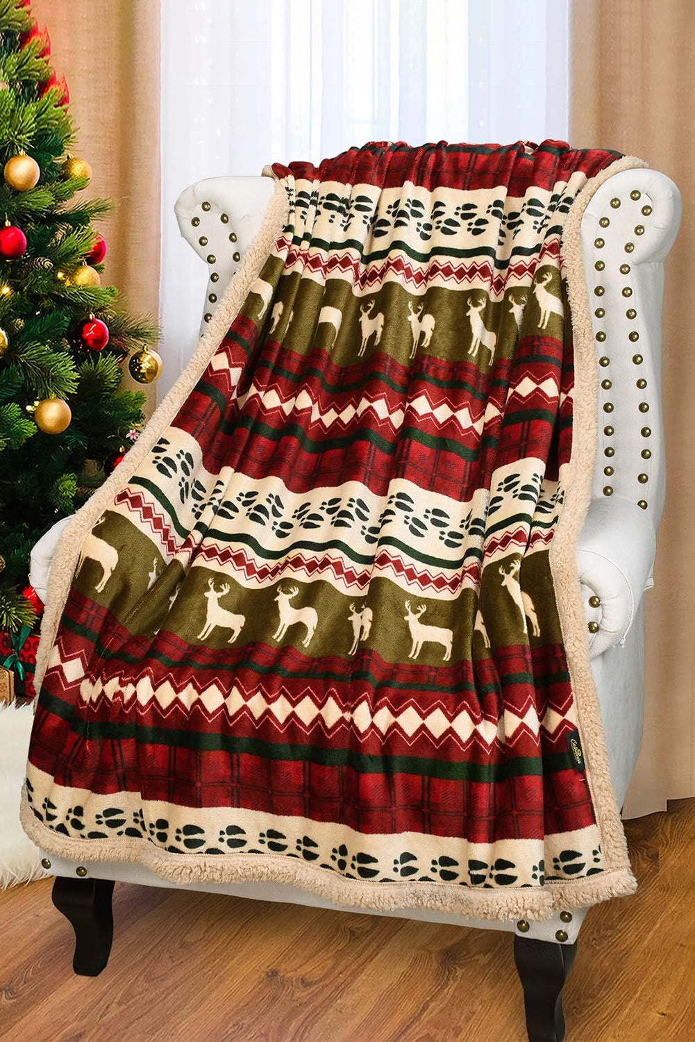 Fiery Red Christmas Elk Print Reversible Sherpa Fleece Blanket
