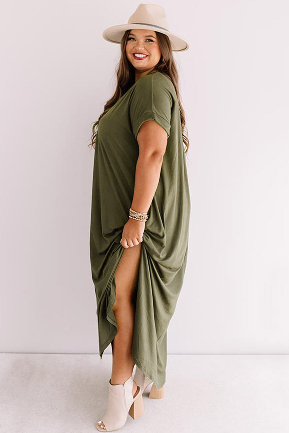 Green Plus Size V Neck Rolled Cuffs Maxi Dress