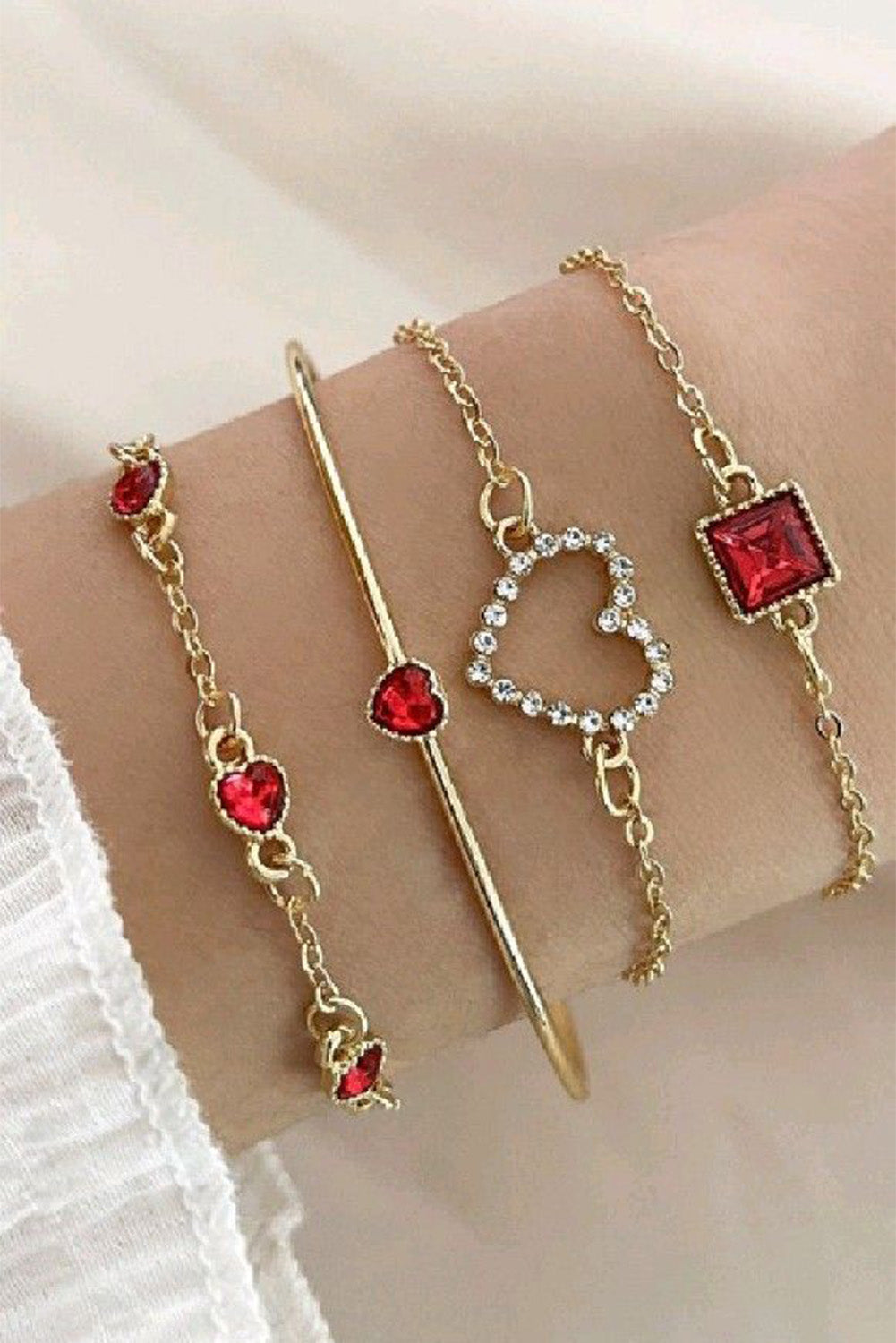 Gold 4pcs Valentine Diamond Heart Bracelet Set