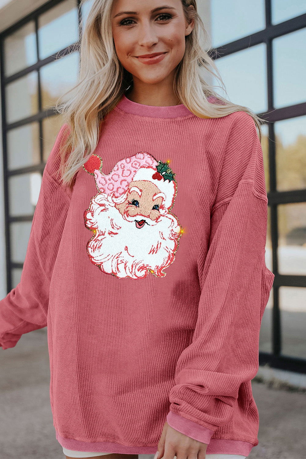 Strawberry Pink Santa Claus Sparkle Corded Graphic Sweatshirt