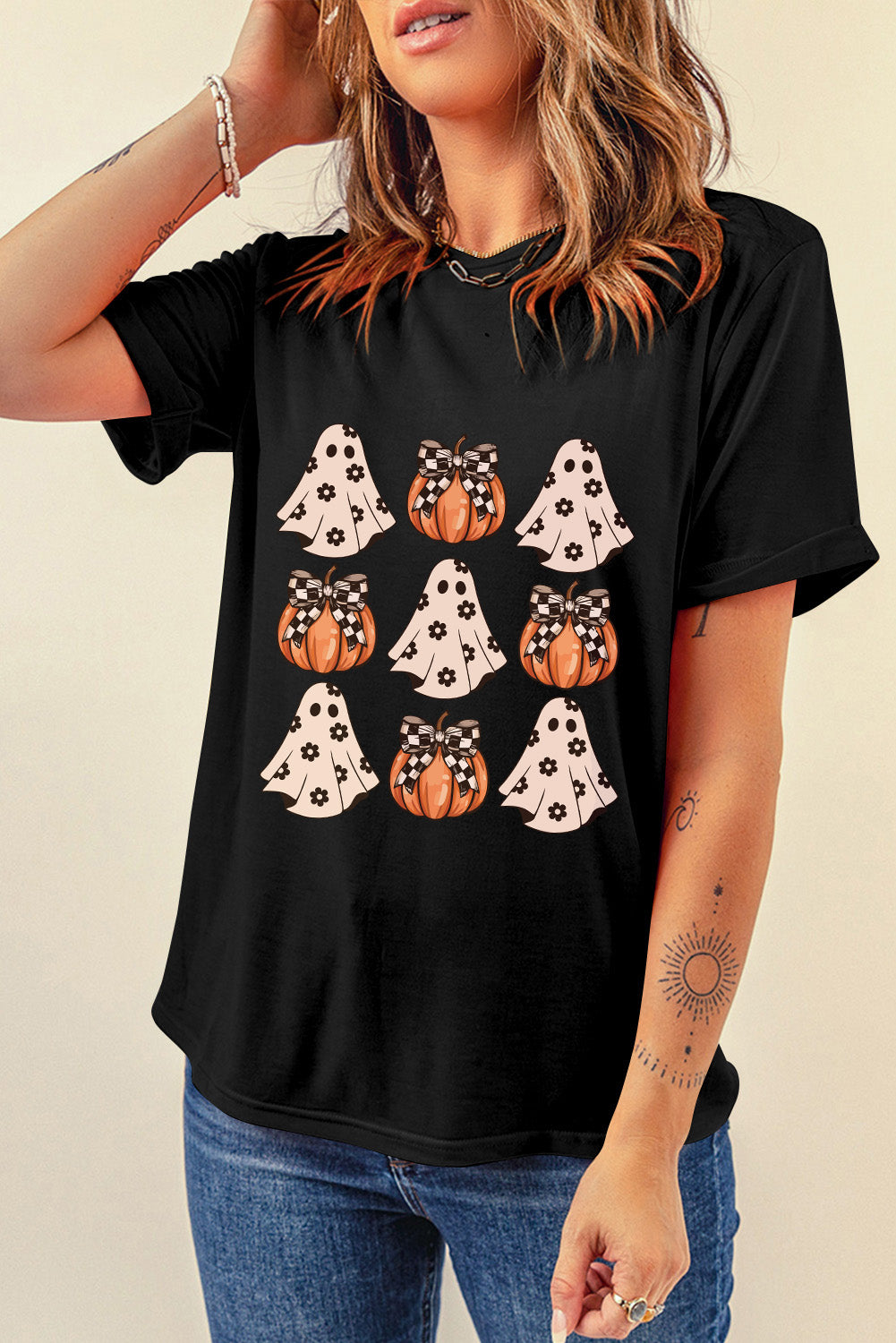 Halloween Ghost Pumpkin Graphic Crew Neck T Shirt