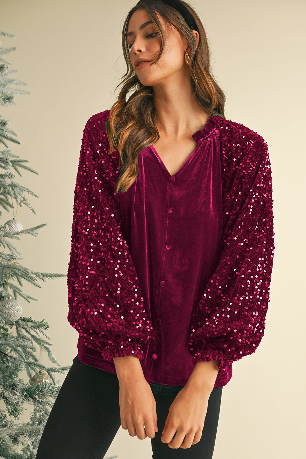 Dahlia Velvet Sequin Patchwork Sleeve Button Up Blouse