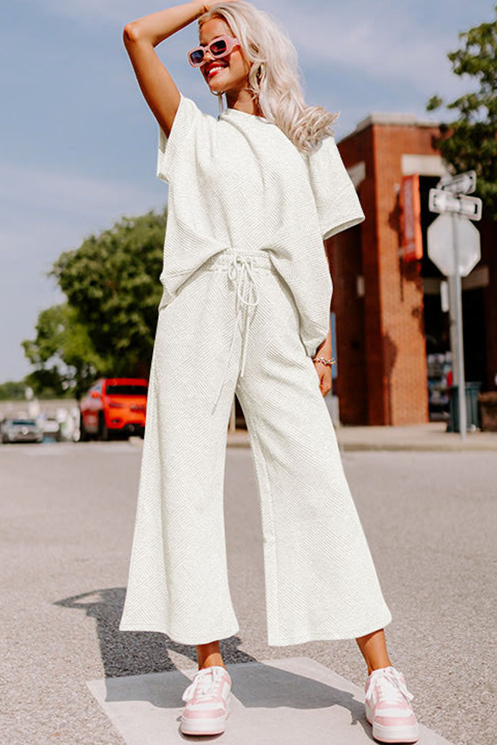 White Textured Long Sleeve Top and Drawstring Shorts Set