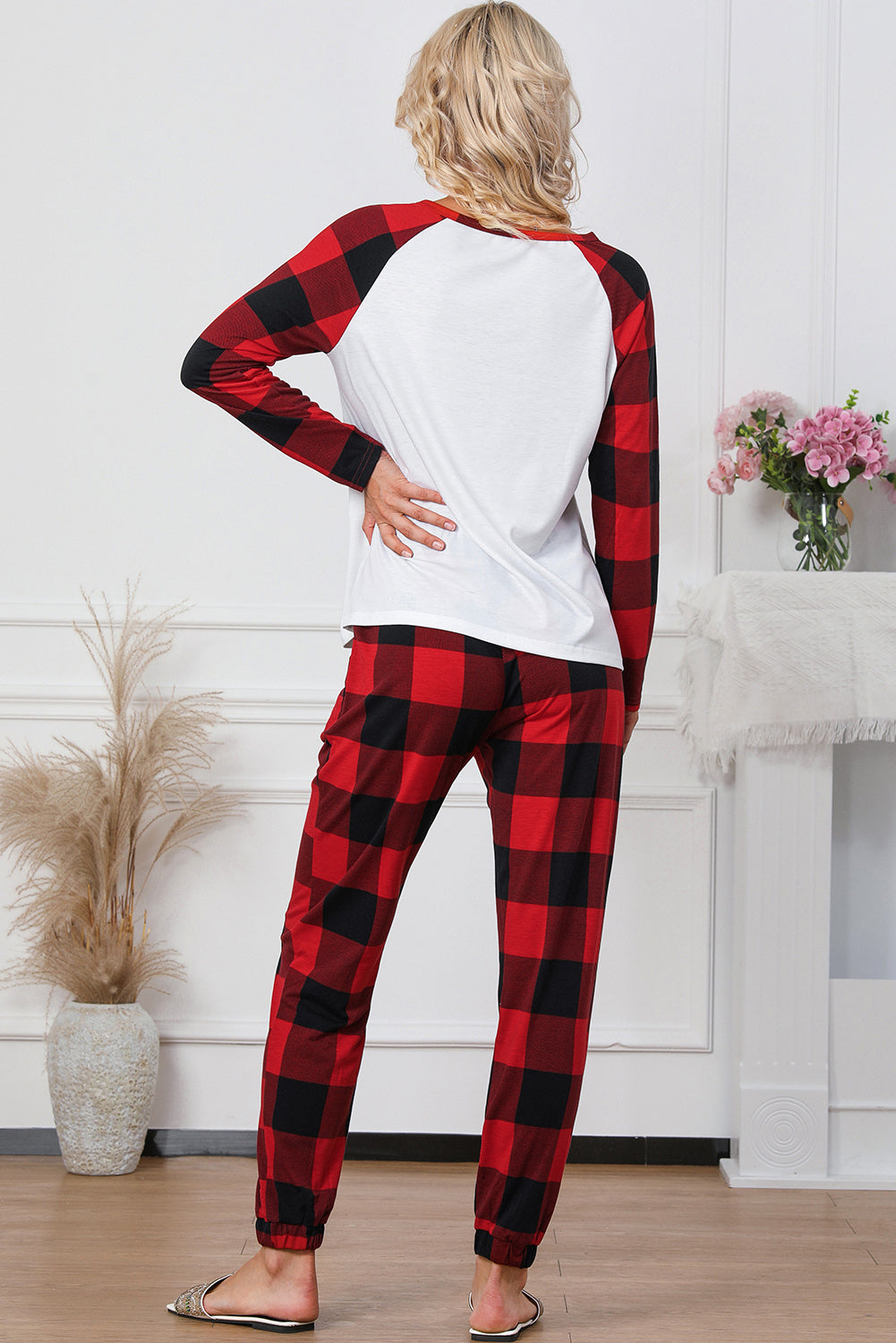 Fiery Red Plaid Merry Christmas Graphic Loungewear Set
