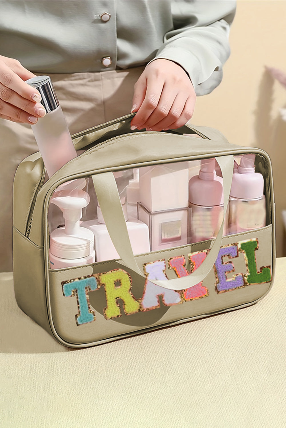 TRAVEL Chenille Letter Clear PVC Makeup Bag