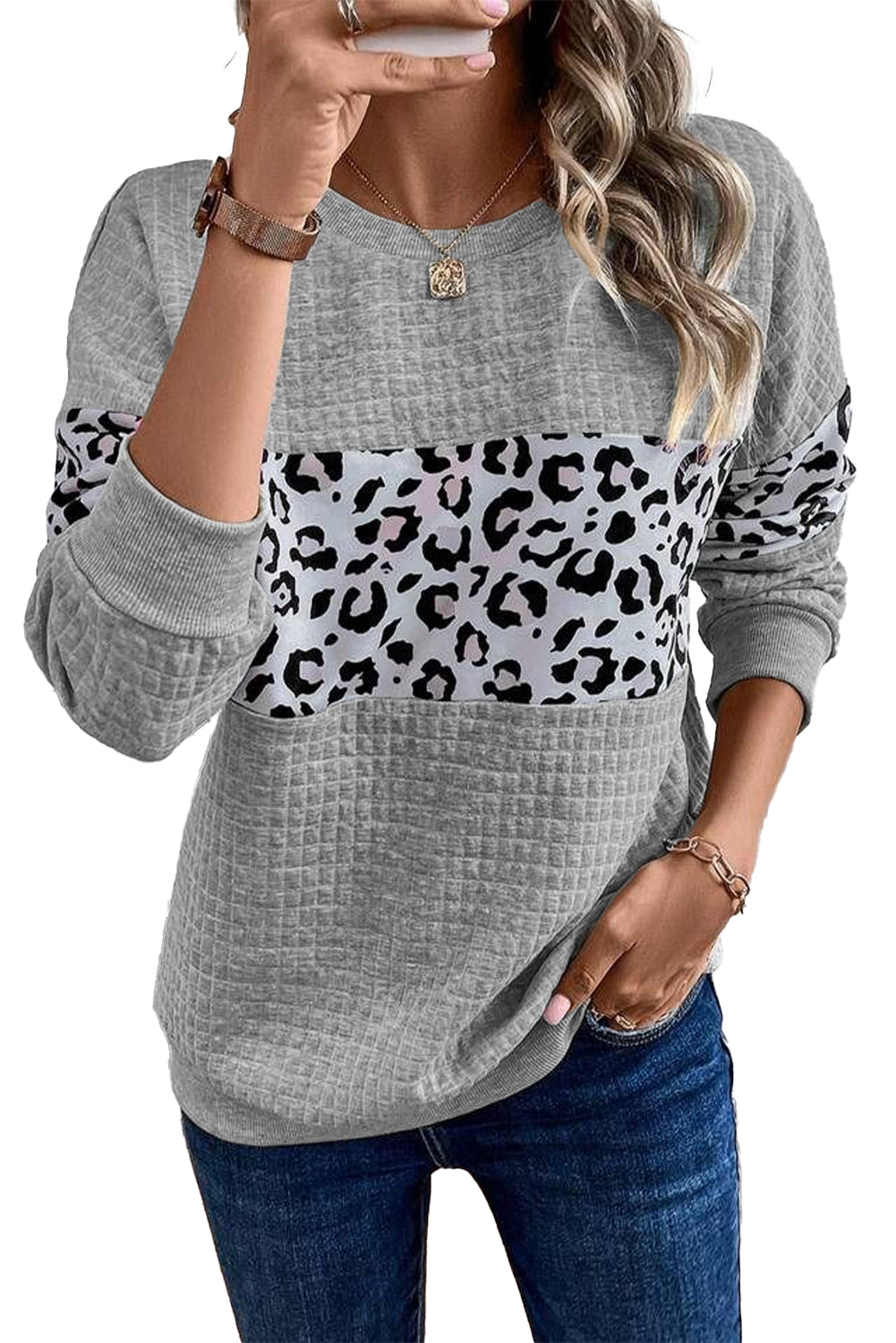 Gray Leopard Quilted Patchwork Pullover Sweatshirt