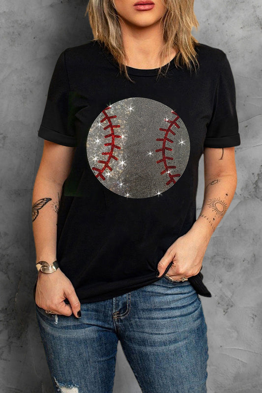 Rhinestone Baseball Graphic Round Neck T Shirt