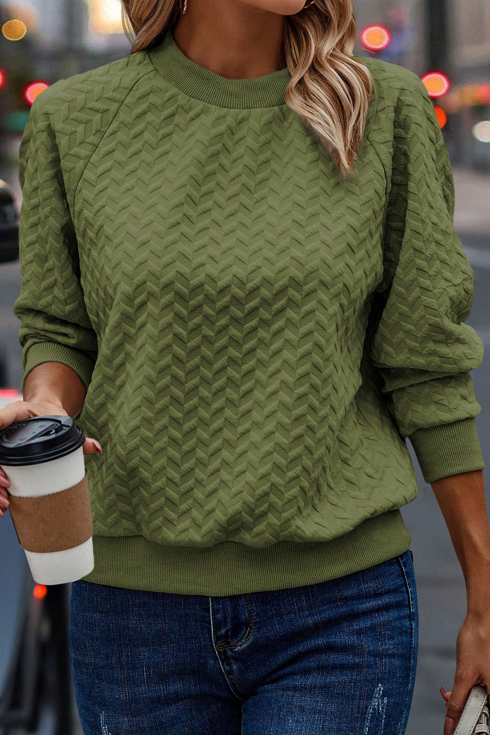 Solid Color Textured Raglan Sleeve Pullover Sweatshirt