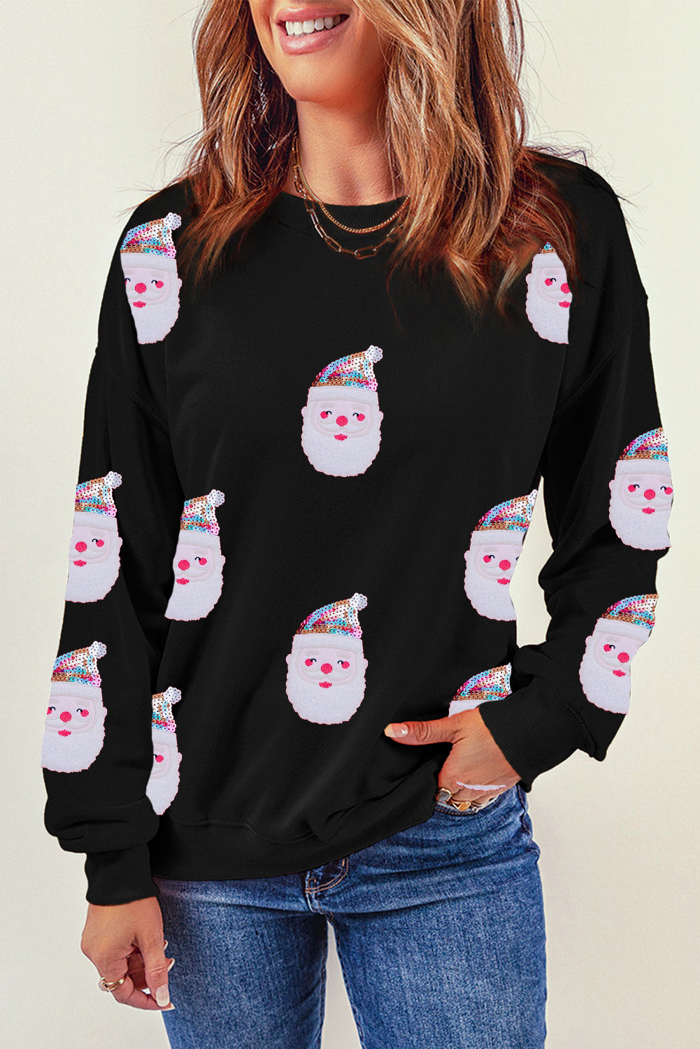 Black Christmas Santa Clause Patterned Graphic Sweatshirt