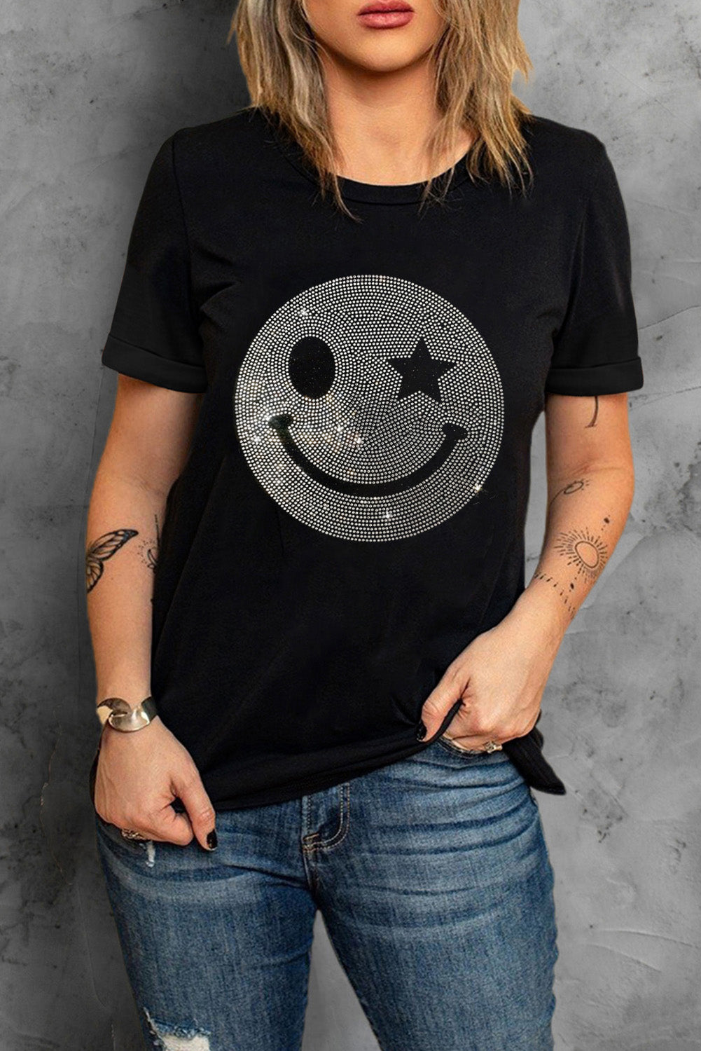 Sparkle Rhinestone Smiley Face Graphic T Shirt