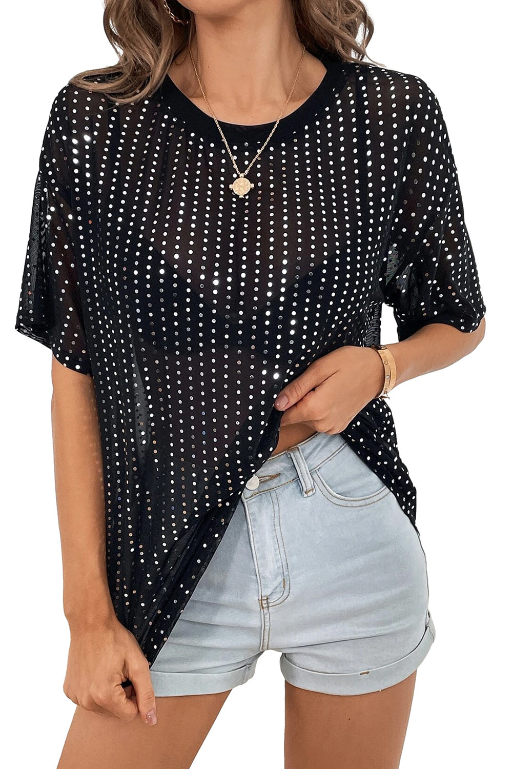 Sequin Drop Shoulder Sheer T-shirt