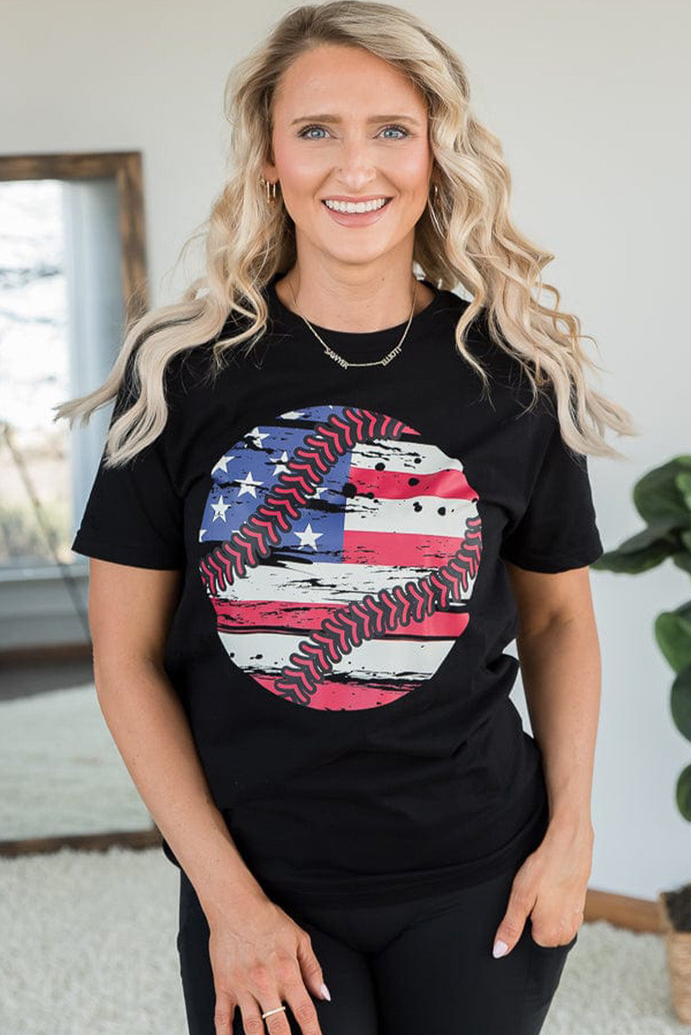 Black American Flag Baseball Graphic Crew Neck Tee