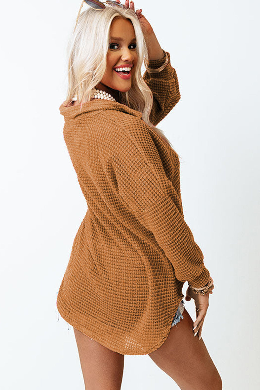 Plus Size Chest Pocket Waffle Knit Shirt