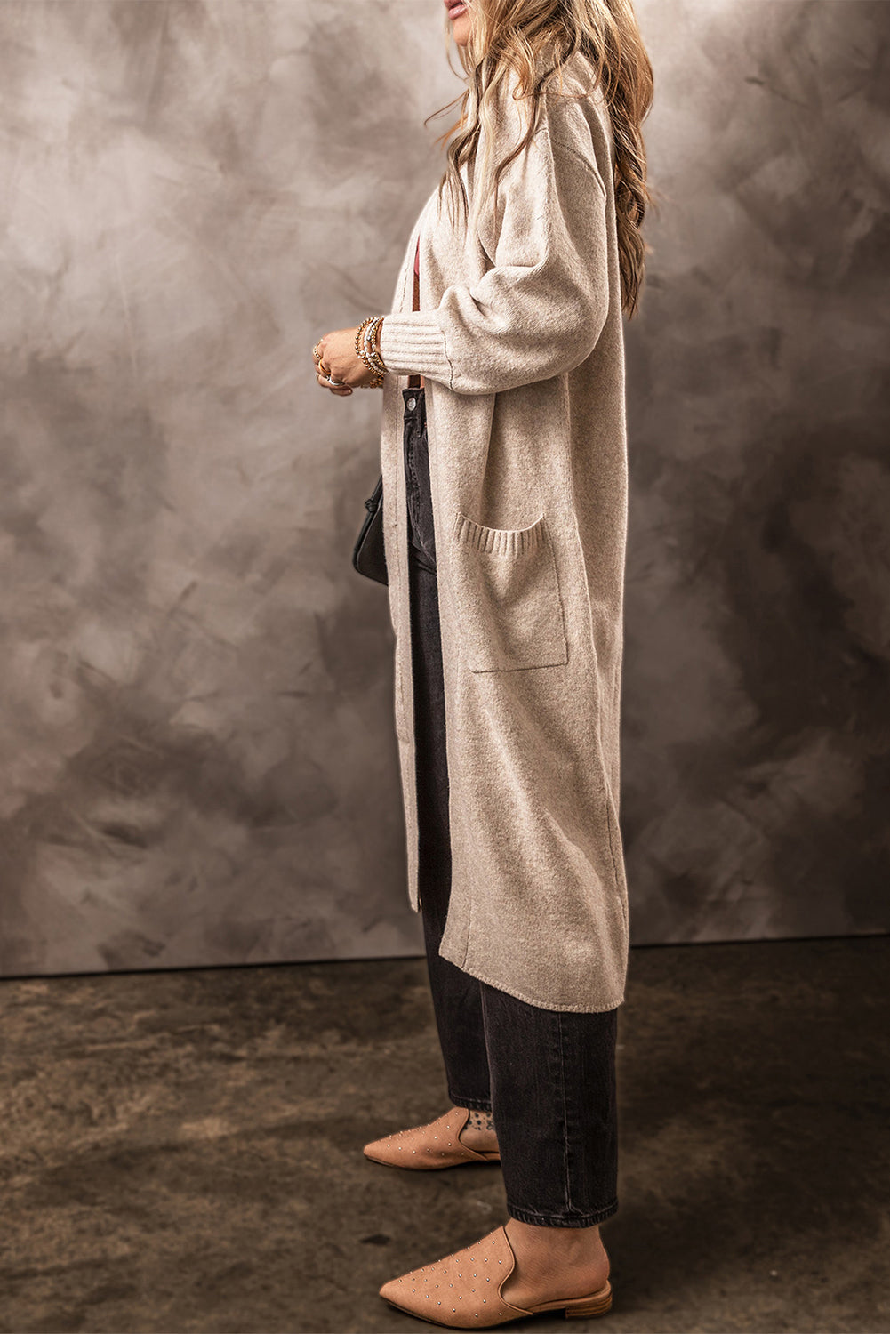 Side Pockets Open Front Long Knitted Cardigan