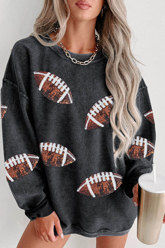 Gray Sequin Rugby Graphic Corded Baggy Sweatshirt