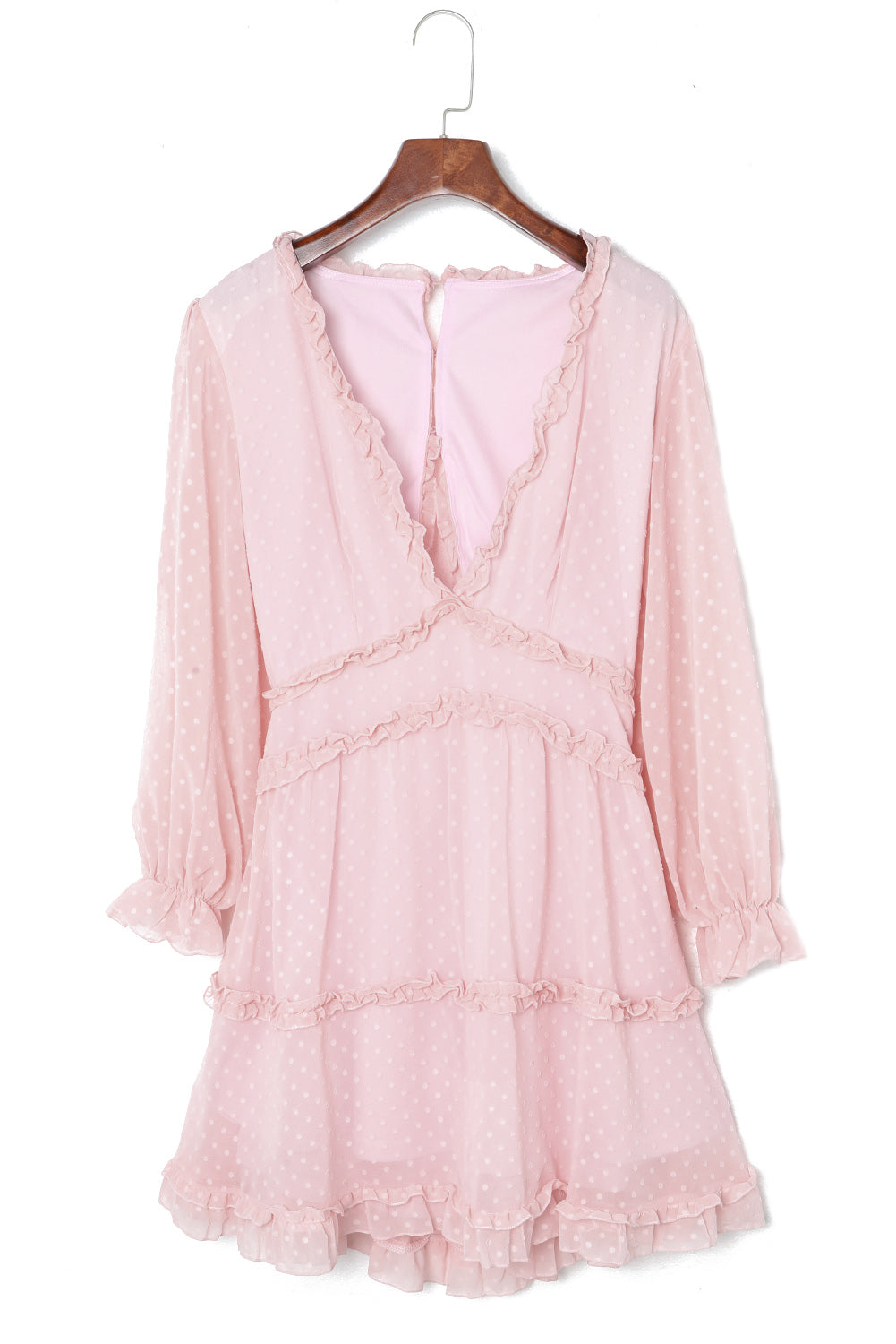 Pink Layered Ruffled Open Back Puff Sleeve Swiss Dot Mini Dress