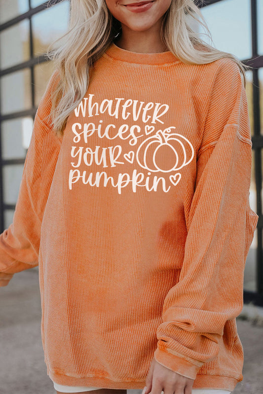 Pumpkin Letter Print Oversized Crinkle Rib Sweatshirt