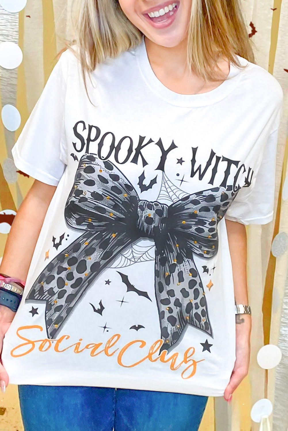 Halloween SPOOKY WITCH Leopard Bowknot Bat GraphicT Shirt