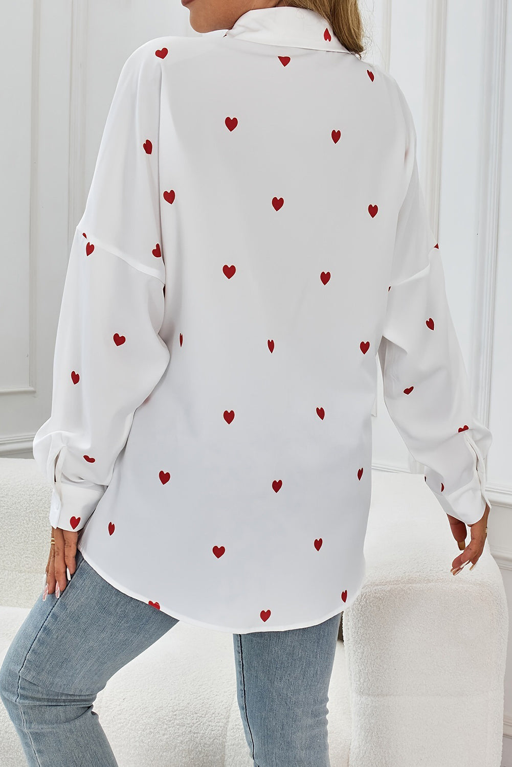 White Valentine Heart Print Button-Up Shirt