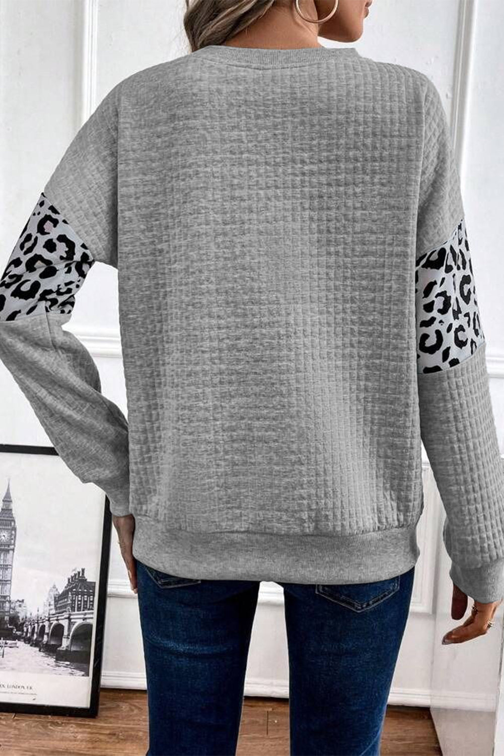 Gray Leopard Quilted Patchwork Pullover Sweatshirt