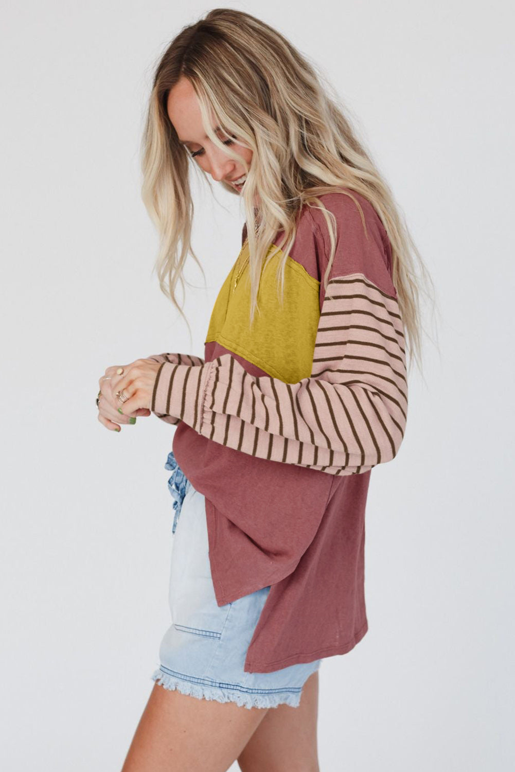 Colorblock Striped Bishop Sleeve Top