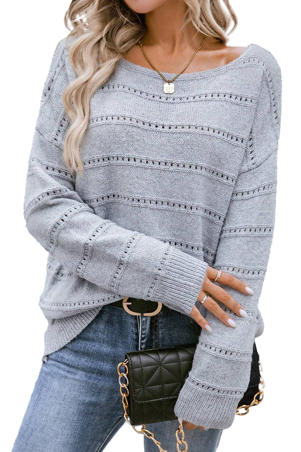 Boat Neck Drop Shoulder Pointelle Knit Sweater