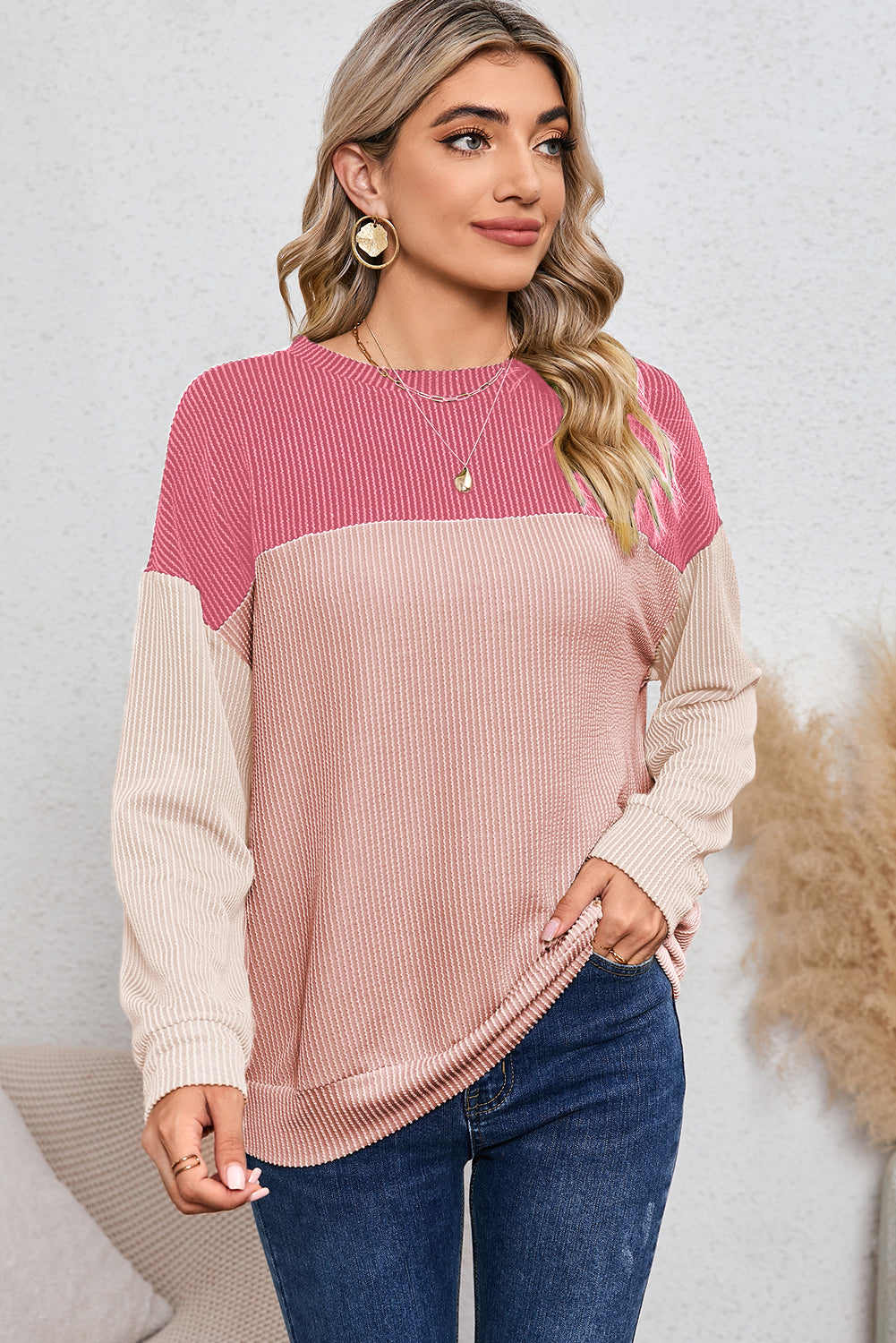 Ribbed Color Block Long Sleeve Top