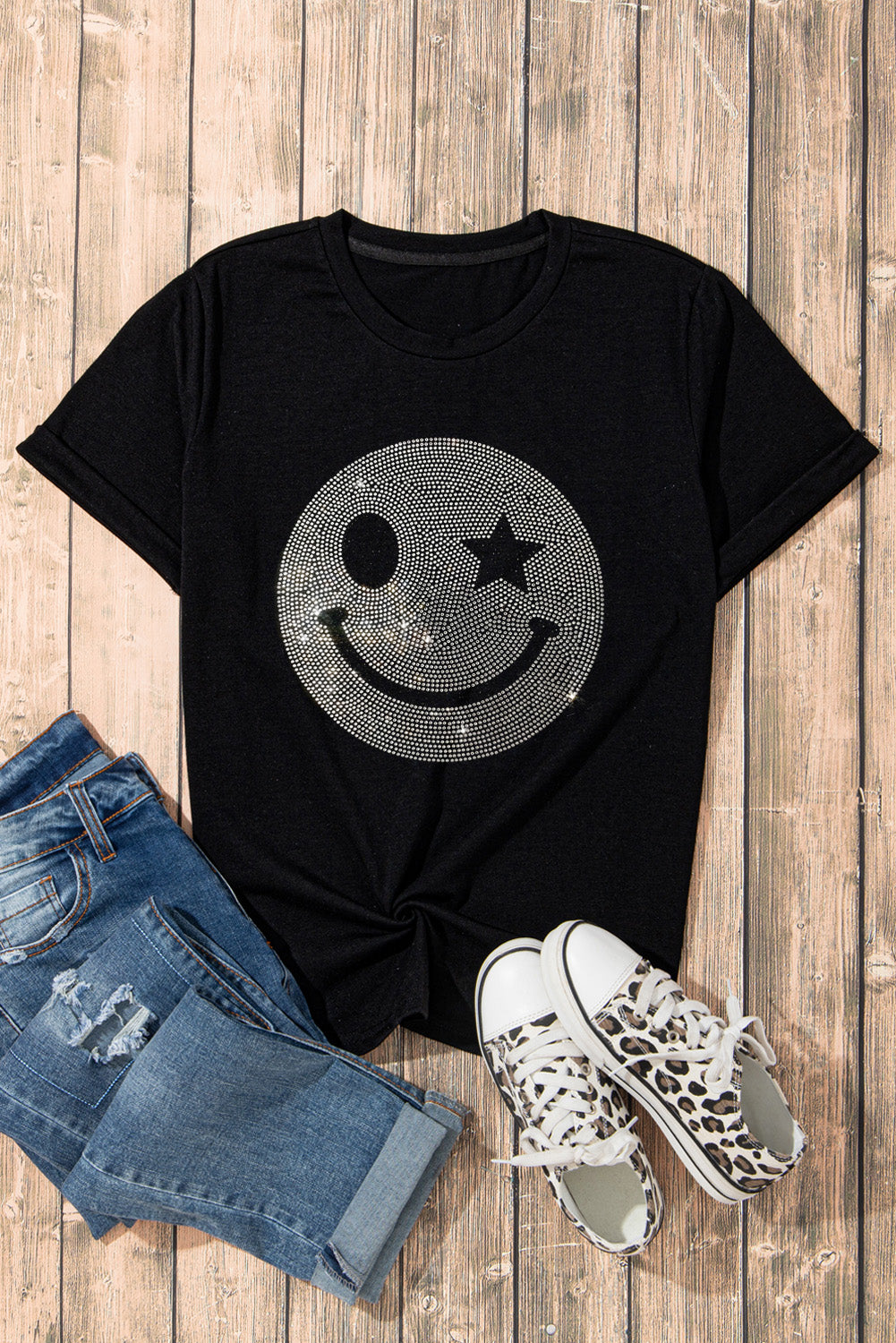 Sparkle Rhinestone Smiley Face Graphic T Shirt