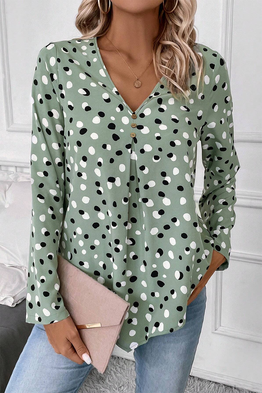 Dotted Print Button Front V Neck Blouse