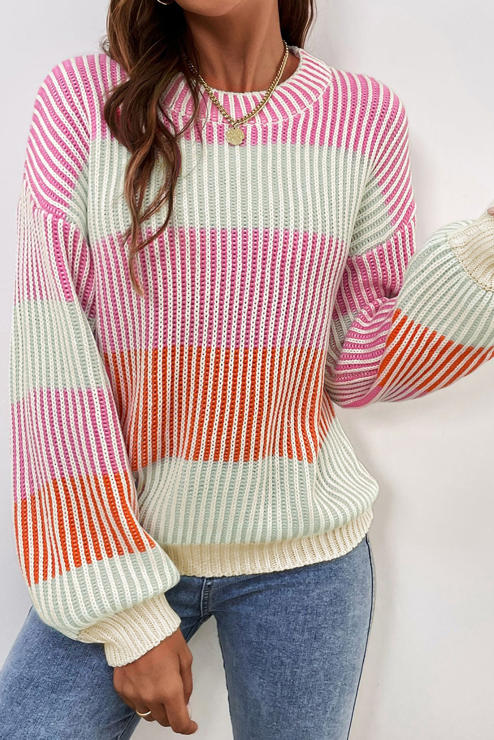 Colorblock Lantern Sleeve Rib Knitted Sweater